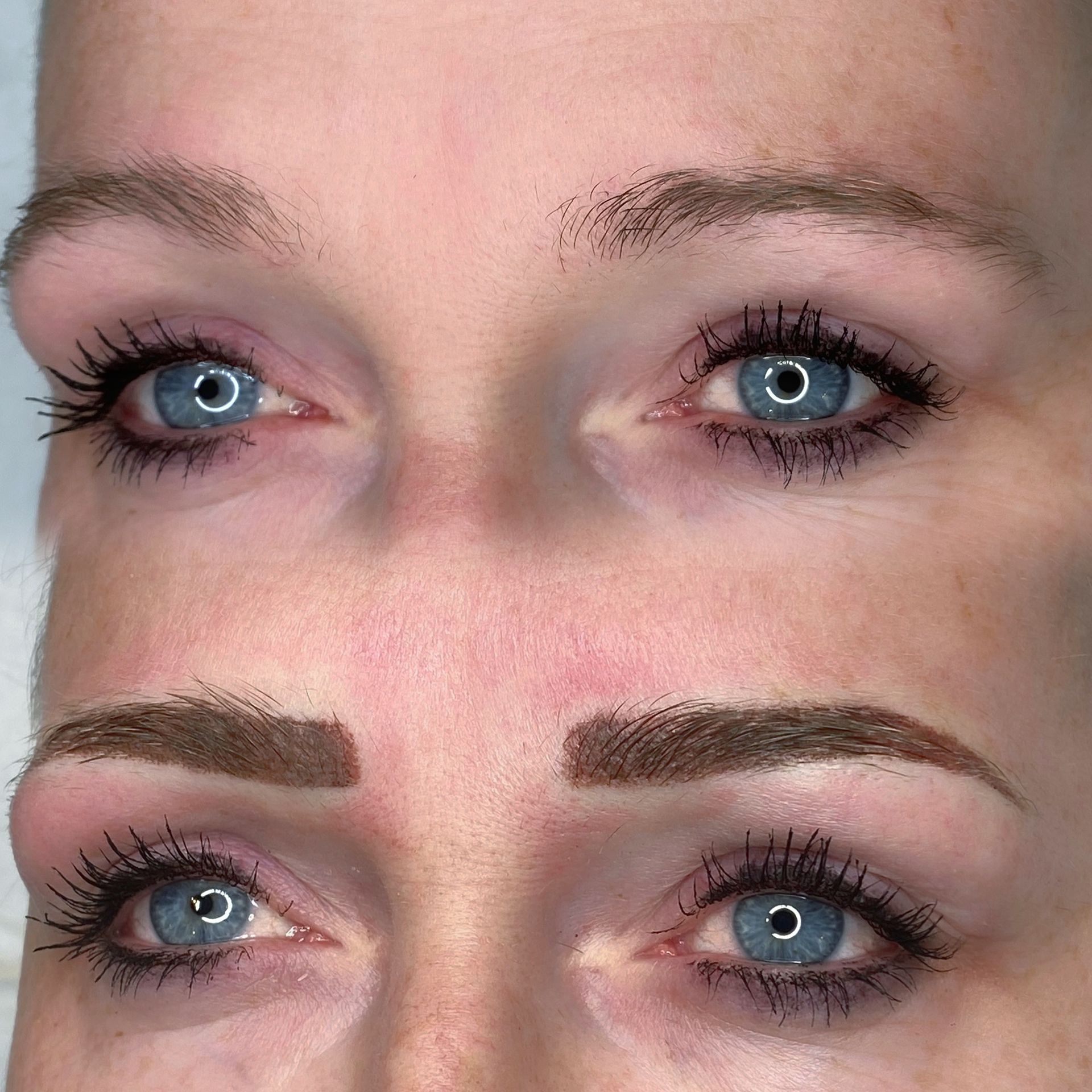 Comparison of eyebrows before and after a cosmetic procedure, with blue eyes and mascara.