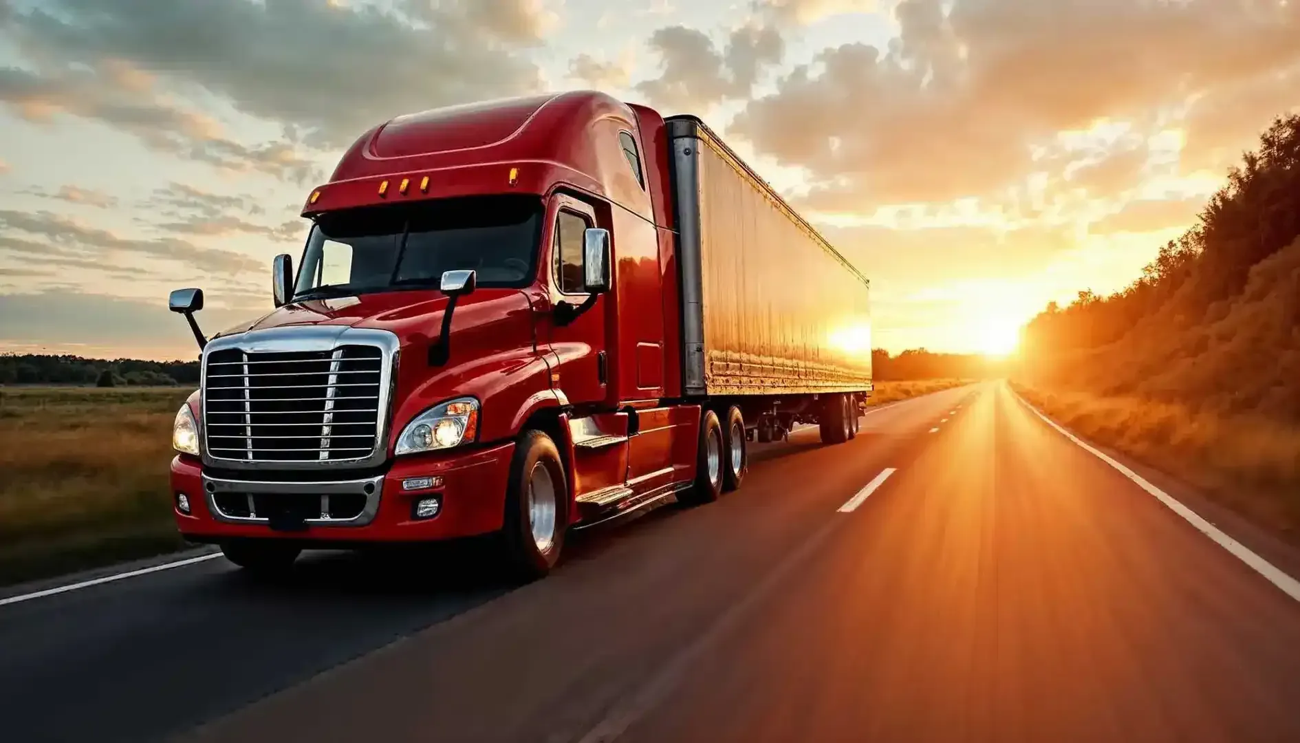 Red semi-truck hauling freight on an open highway at sunset, symbolizing reliable transportation