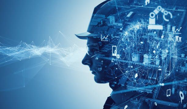 A double exposure of a man wearing a hard hat and goggles.