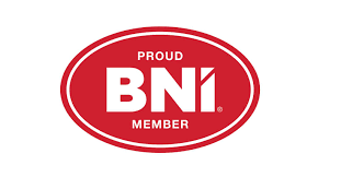 Red oval logo with white text 