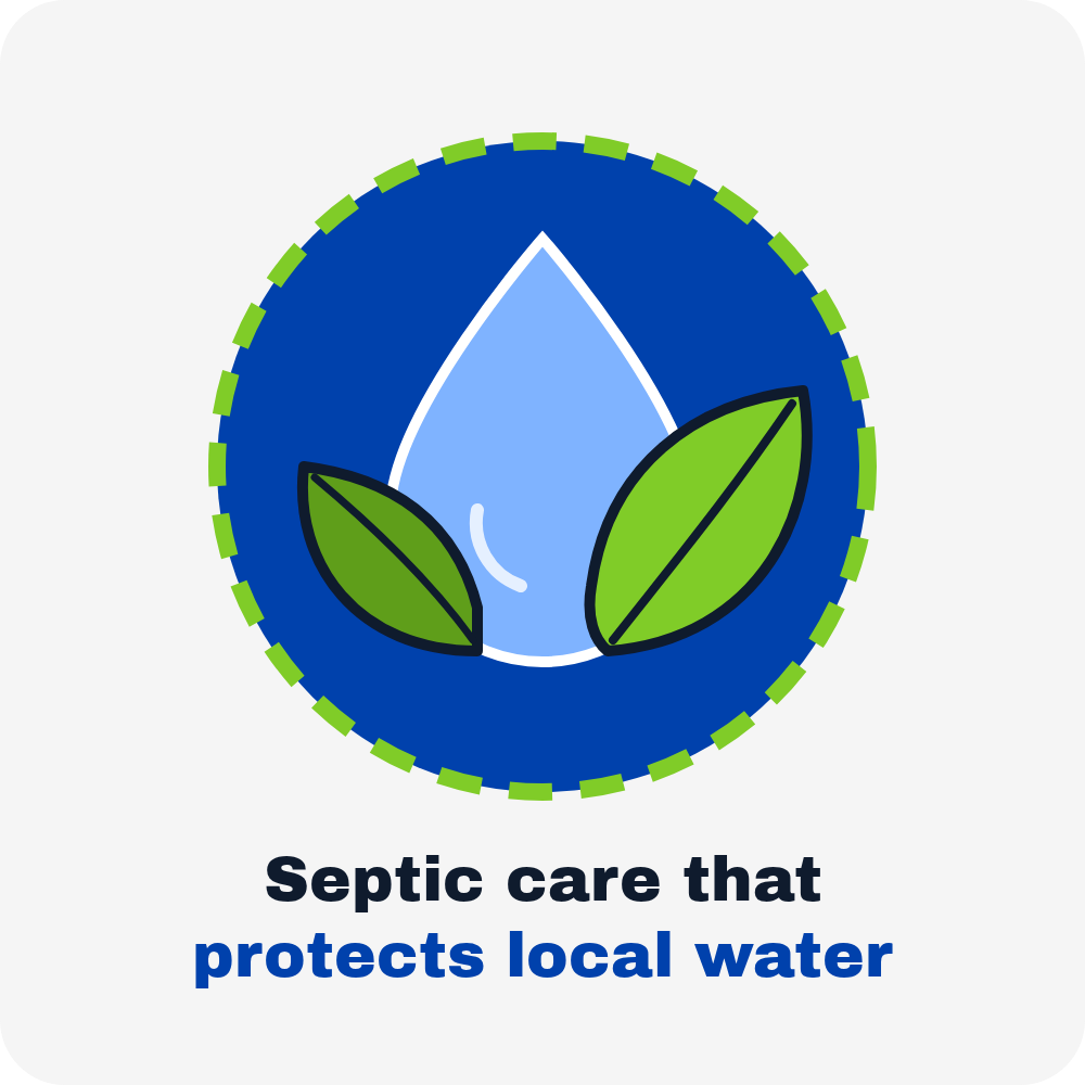 Septic care logo with water drop and leaves, text: “Septic care that protects local water”