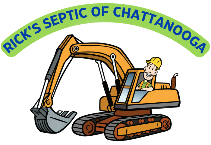 Rick's Septic of Chattanooga logo with a yellow excavator and worker on white background