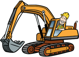 Cartoon orange excavator with a smiling worker in a hard hat and vest operating it