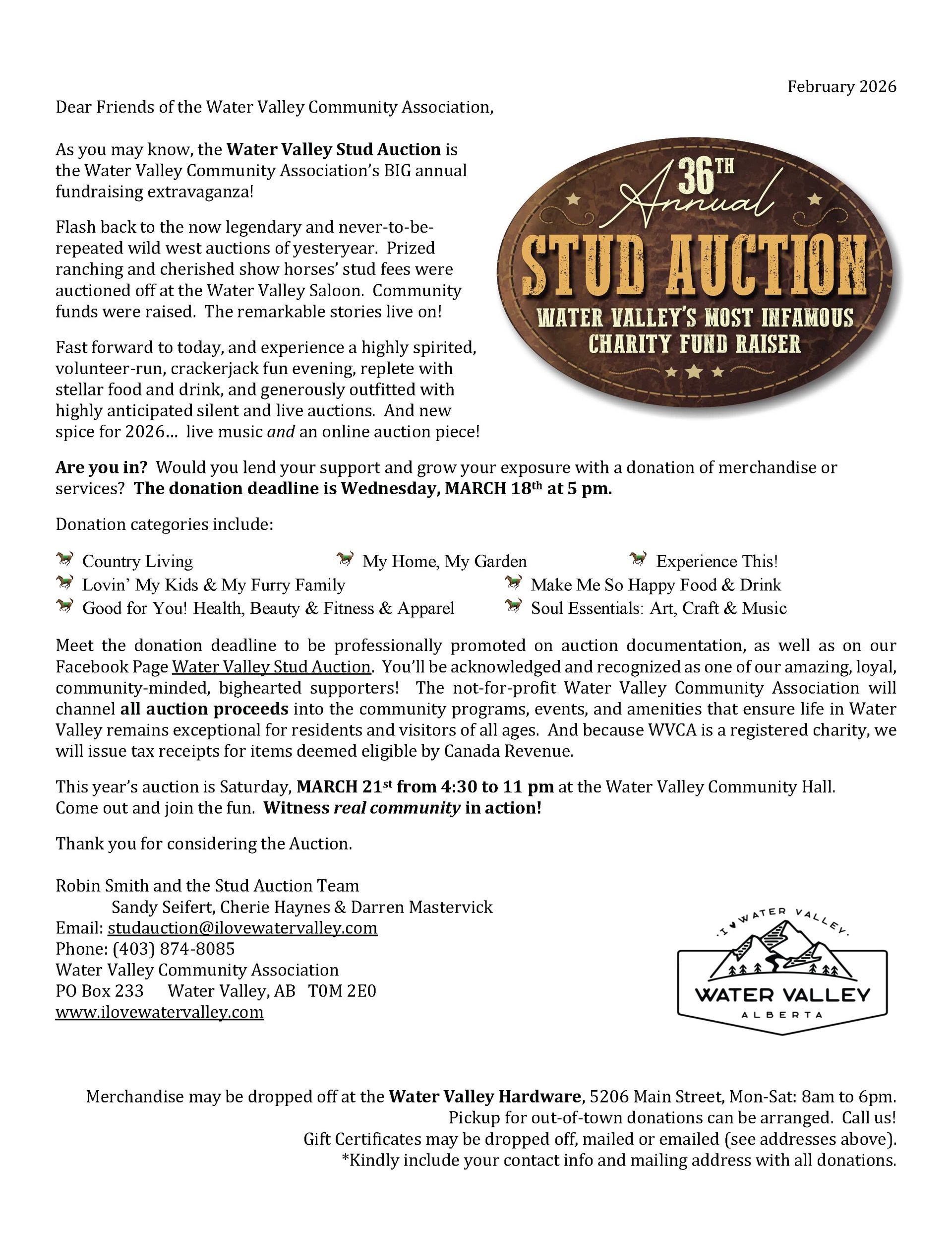 Letter from White Valley Breeders announcing their 35th Annual Stud Auction on March 29, 2014, with contact information.