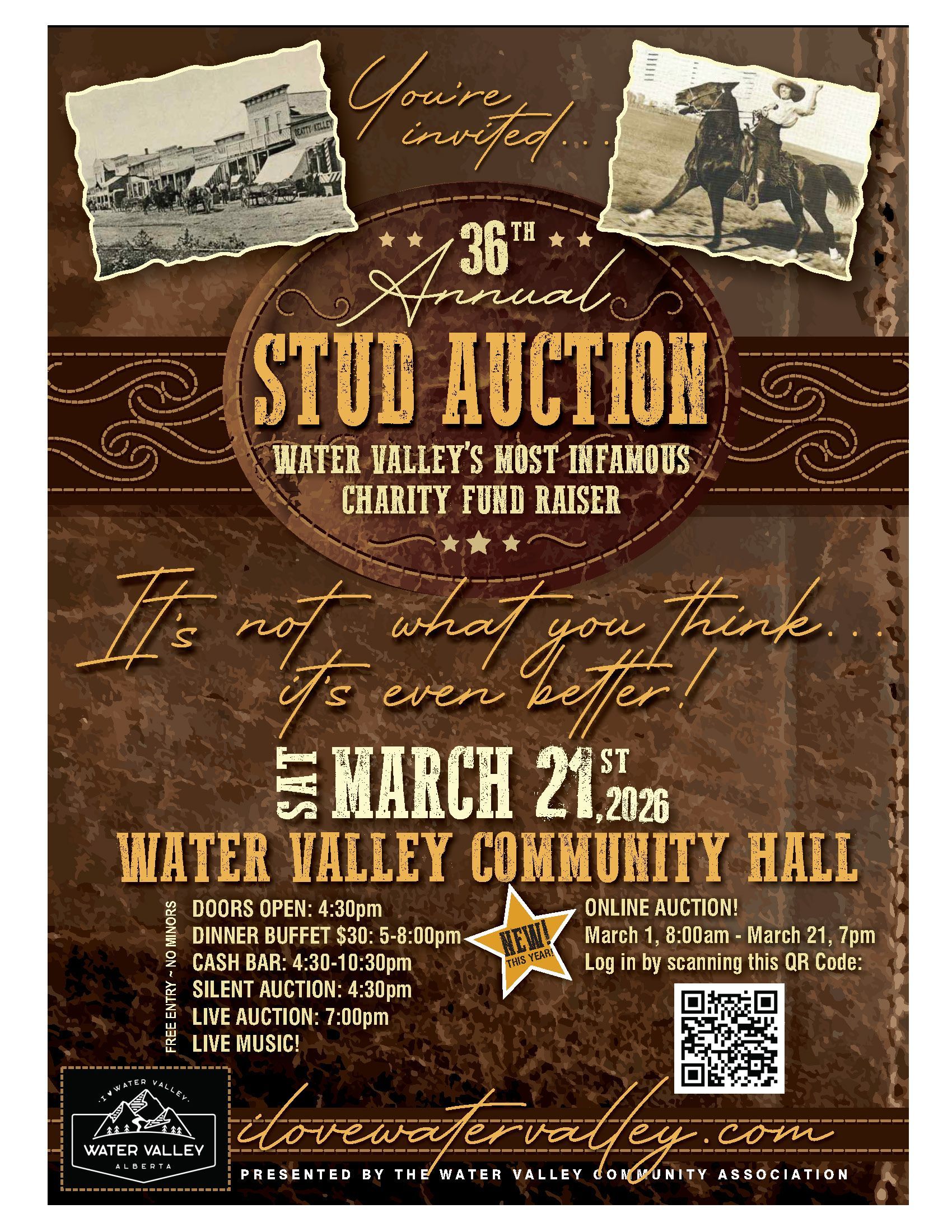 Poster for the 36th Annual Stud Auction charity fundraiser at Water Valley Community Hall on March 21, 2026.