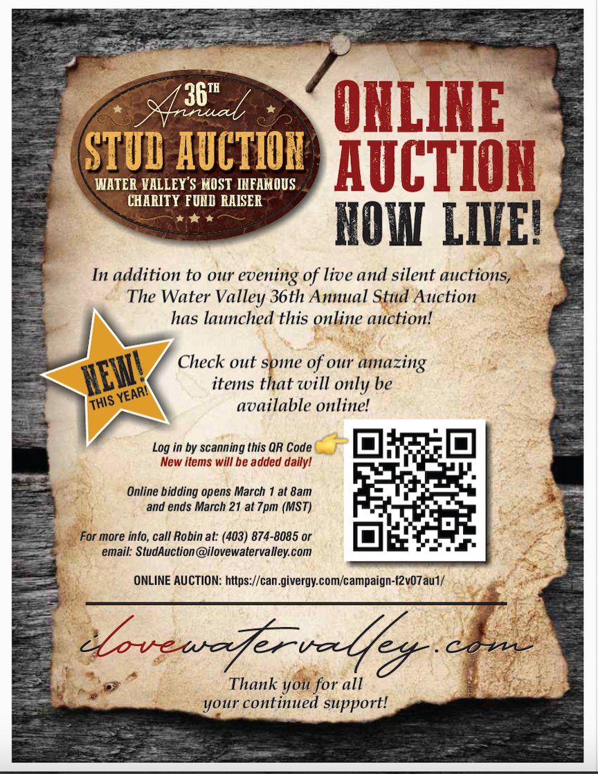 An announcement flyer for the 36th Annual Stud Auction featuring an online auction, a QR code, and website link.