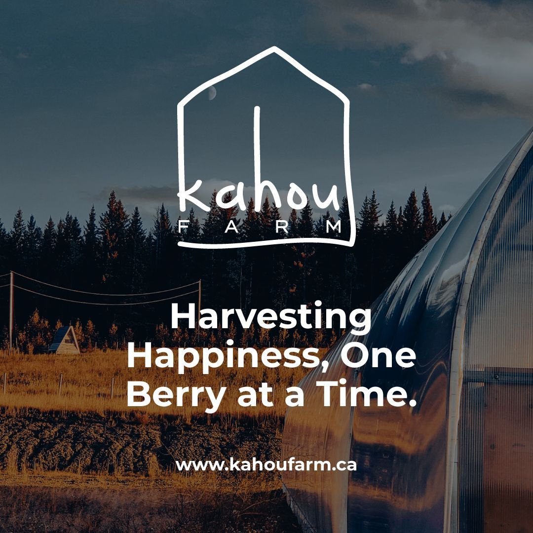A logo for Kahou Farm over a field and greenhouse at dusk, with the text: "Harvesting Happiness, One Berry at a Time."