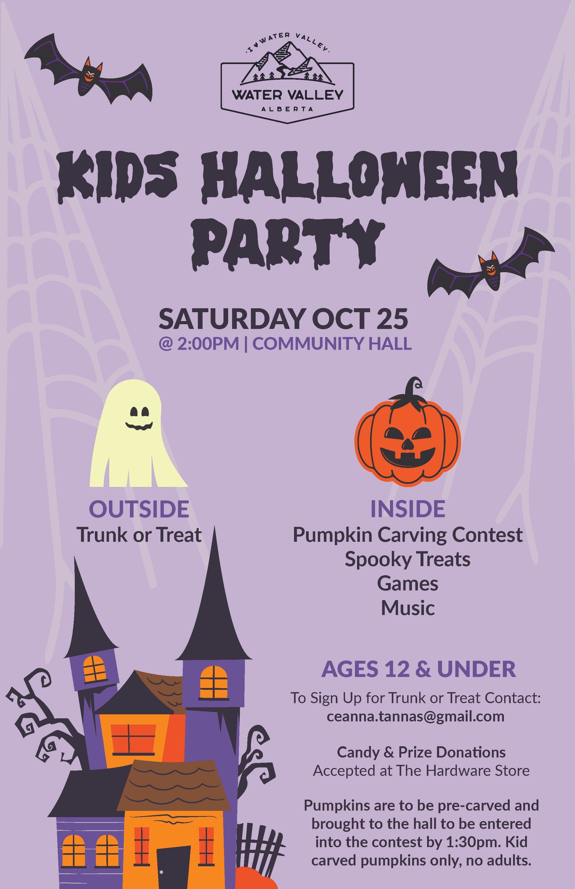 Flyer for a Kids Halloween Party on Oct 25 at the Community Hall, featuring spooky graphics, activities, and event info.
