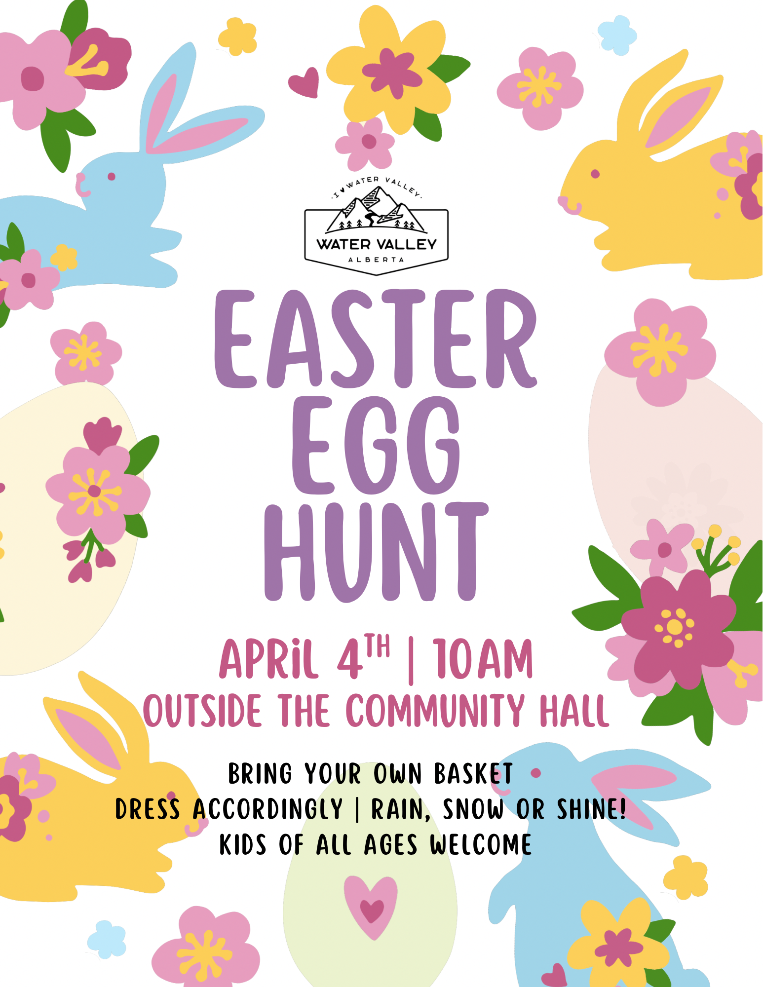 Event flyer for an Easter Egg Hunt on April 4th at 10 AM outside the Community Hall; includes Easter-themed illustrations.