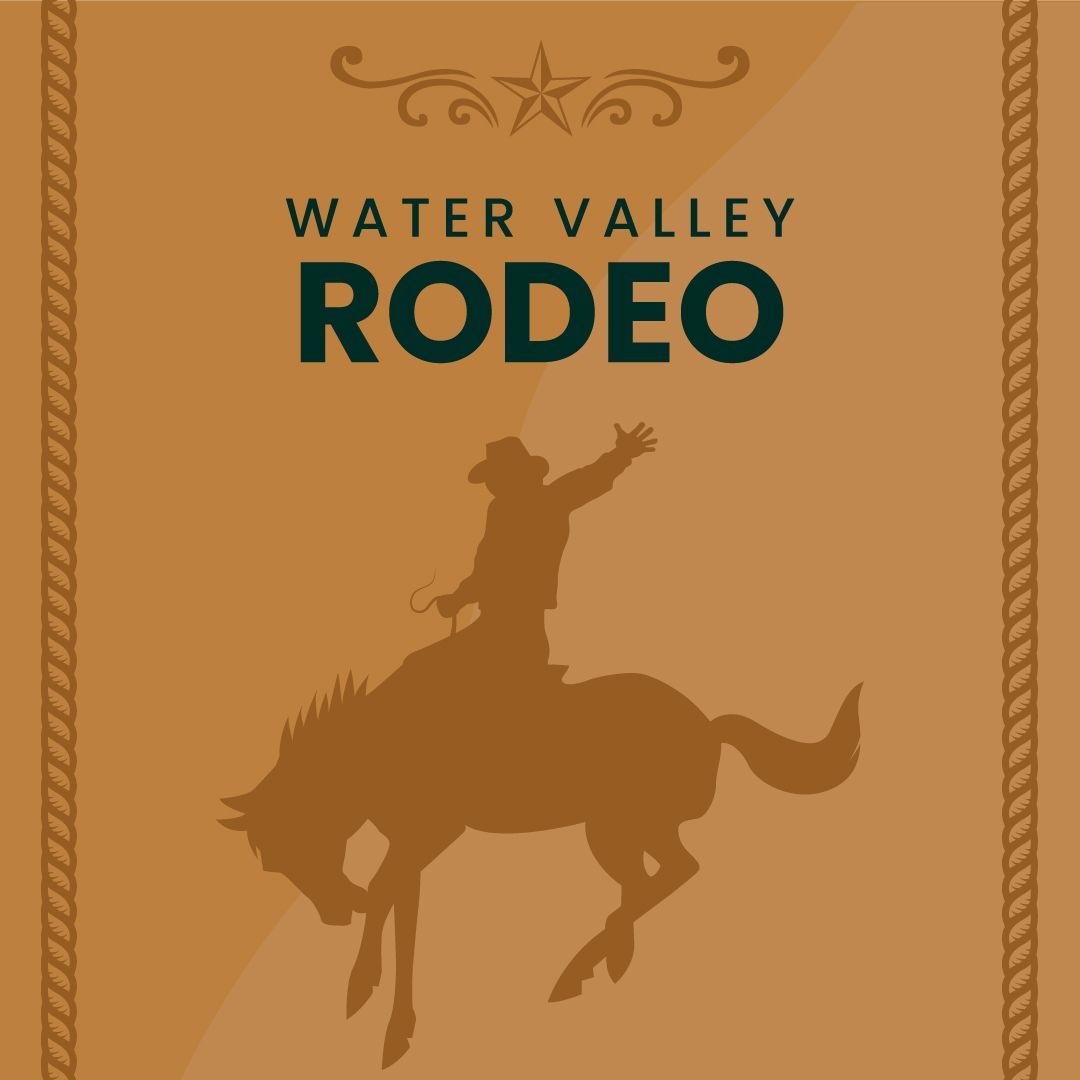 A brown-toned poster for the Water Valley Rodeo featuring a silhouette of a cowboy riding a bucking bronco.