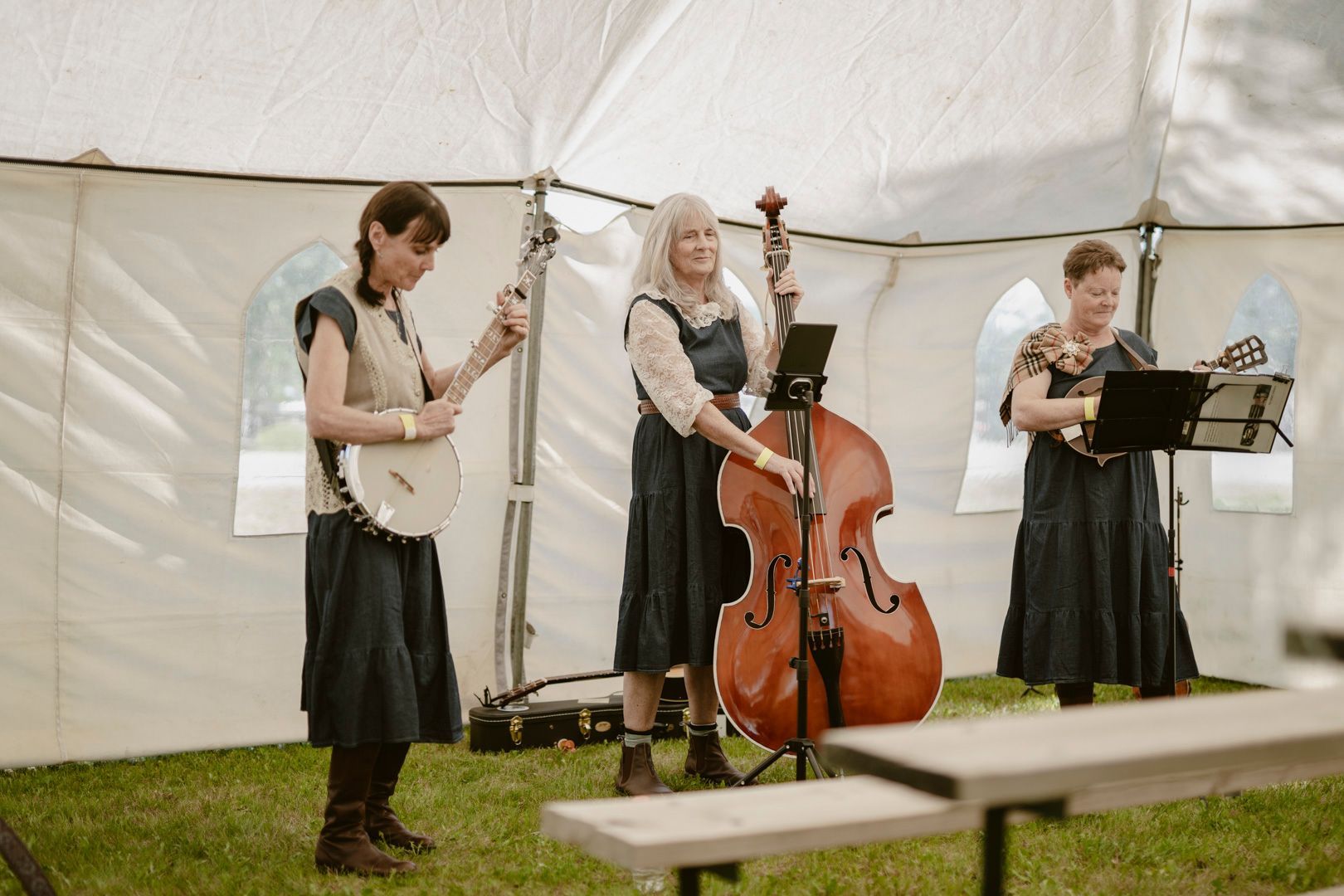 Three musicians play a banjo, upright bass, and guitar under a white event tent on a grassy field.