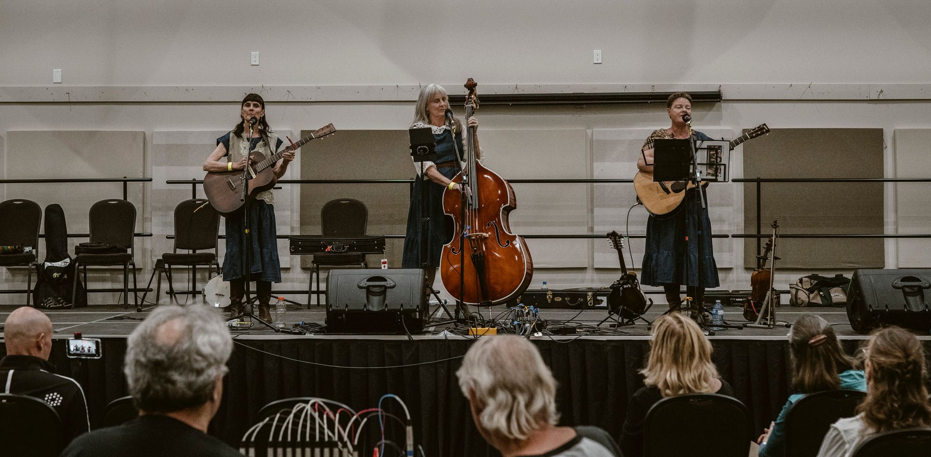 Three musicians perform on a stage with an acoustic guitar, upright bass, and guitar, viewed by an audience.