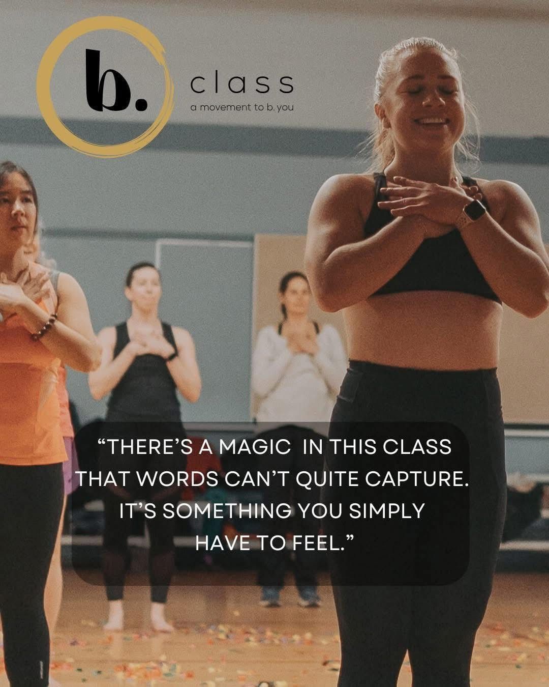 People in a fitness studio with hands on their chests, smiling with eyes closed. Text overlay quotes, 