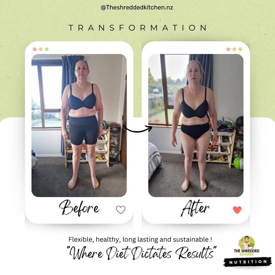 A before and after photo of a woman in a bra and shorts.
