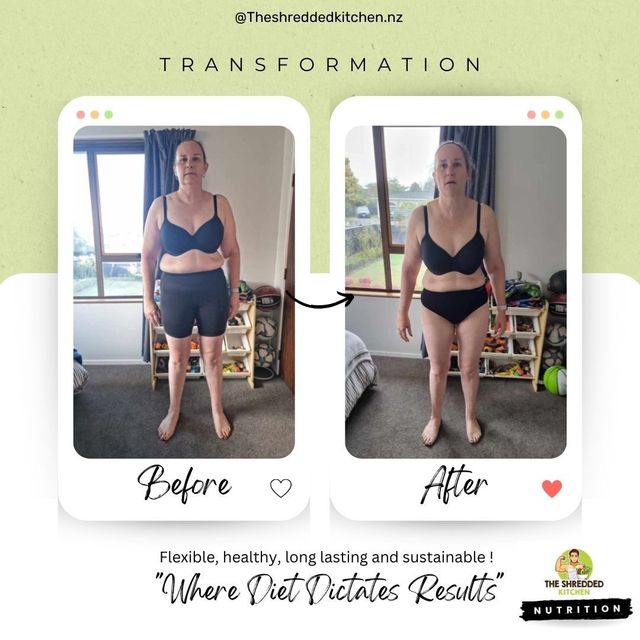 A before and after photo of a woman in a bra and shorts.