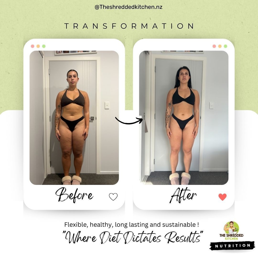 A before and after picture of a woman in a bikini.