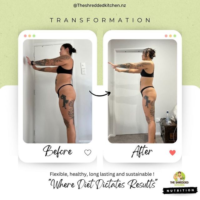 A before and after photo of a woman in a bikini.