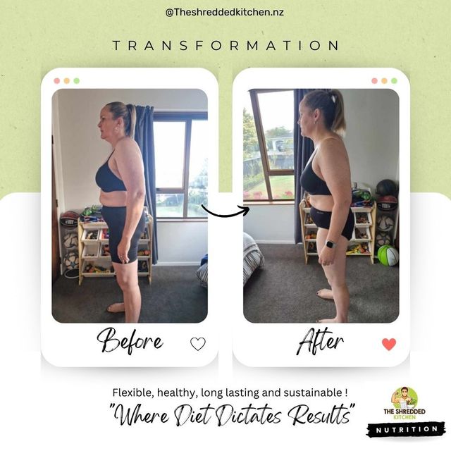 A before and after photo of a woman standing in front of a window.