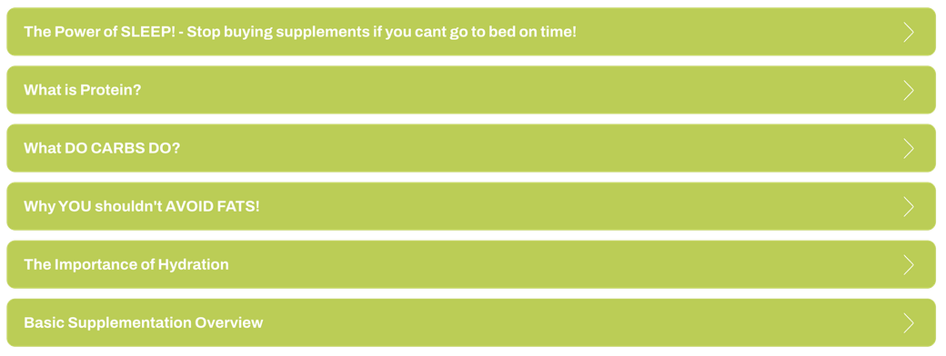 A row of green buttons with white text on them on a white background.