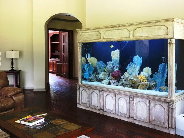 A large aquarium is in a living room next to a coffee table
