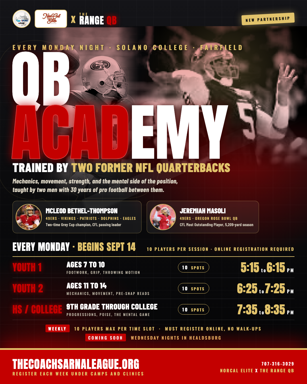 QB Academy with NorCal Elite x The Range QB, Monday nights at Solano College, Fairfield