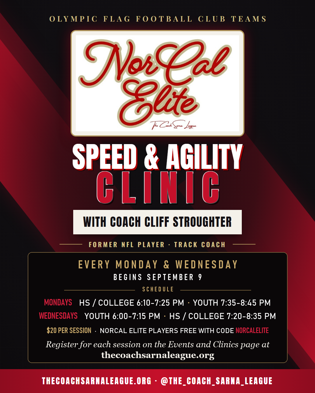 NorCal Elite speed and agility clinic flyer with Coach Cliff Stoughter, red and black design.