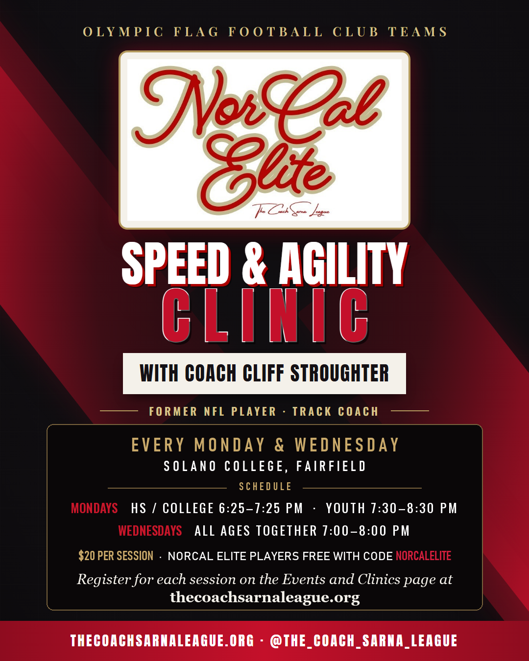 NorCal Elite speed and agility clinic flyer with Coach Cliff Stoughter, red and black design.
