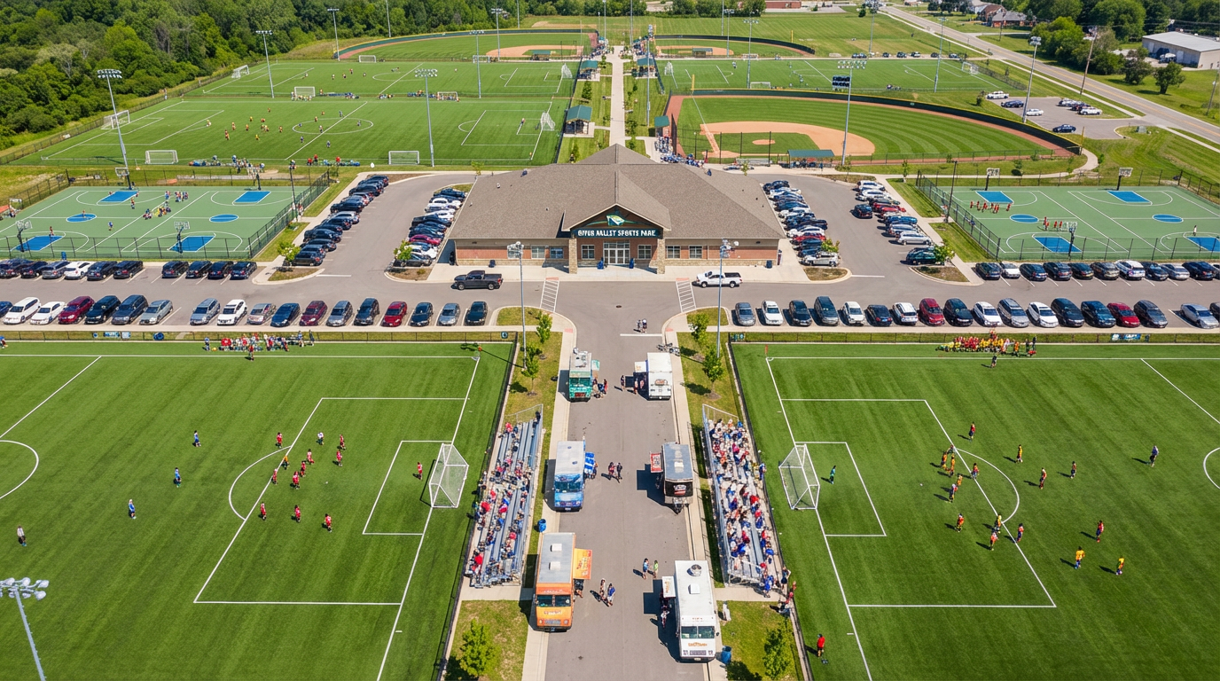 Aerial view of an outdoor sports complex featuring multiple soccer fields, tennis courts, a central building, and parking.
