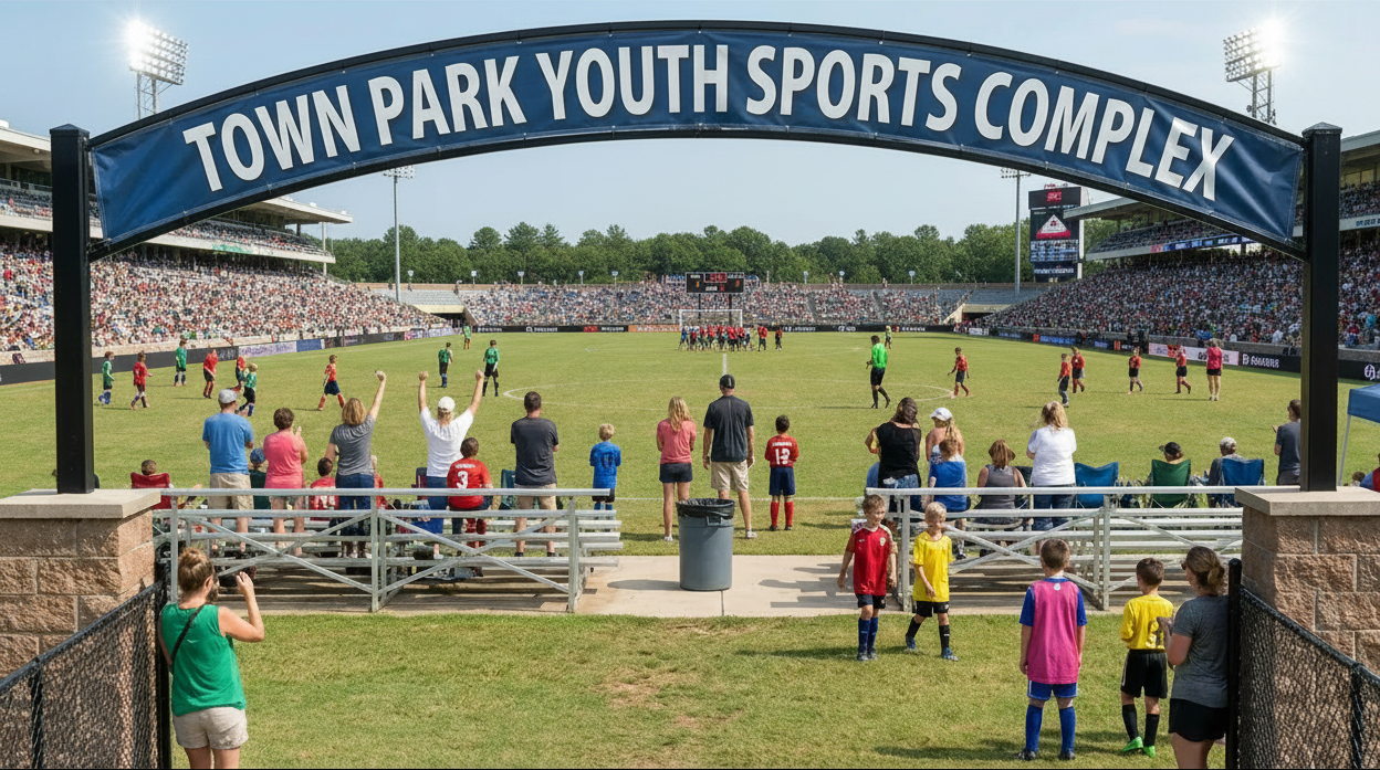 A soccer game in progress at Town Park Youth Sports Complex, with spectators watching from bleachers under a large sign.