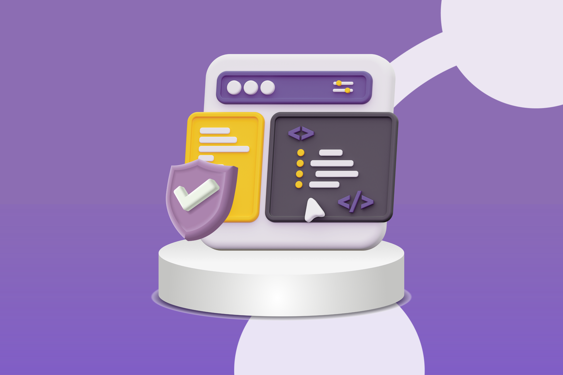 Purple illustration of a shield, code window, and documents on a podium, suggesting cybersecurity software