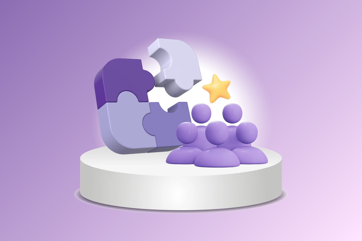 Purple abstract people and a star on a white pedestal against a lavender background