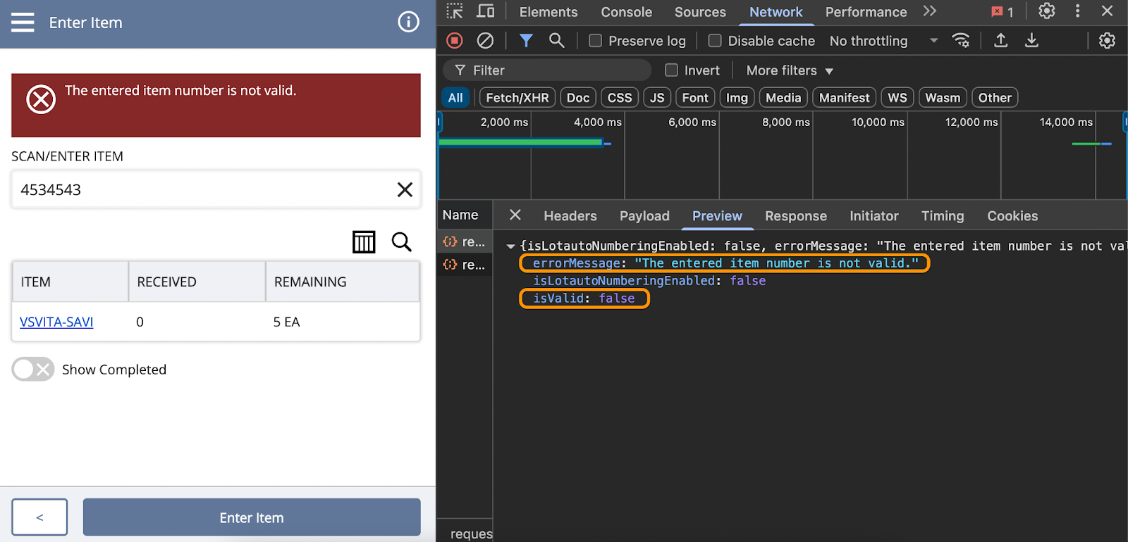 Error message in red box, a form with input fields and developer tools with network requests.