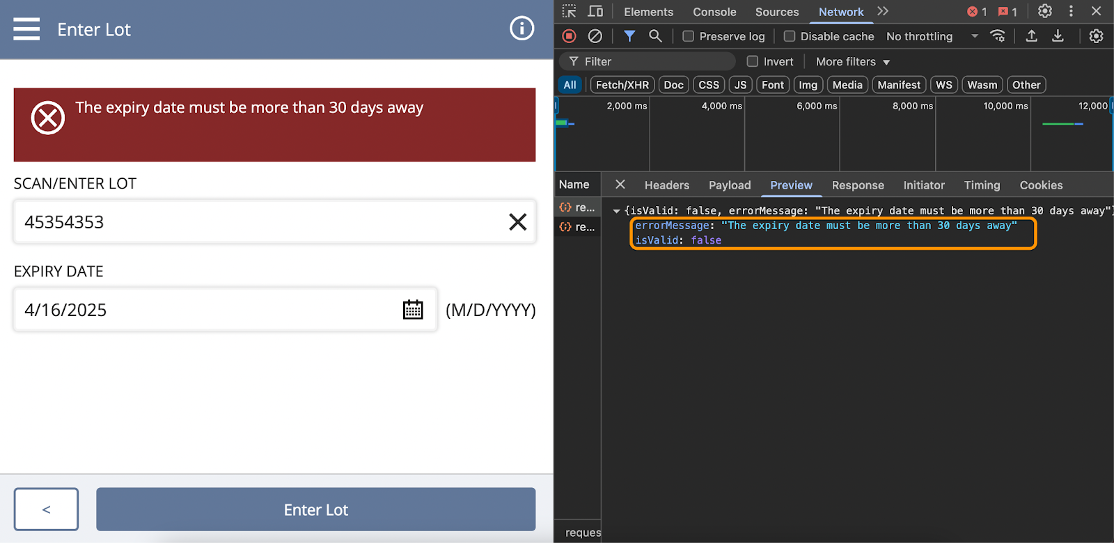 Error message in red. Form fields with text input. Developer tools panel showing network requests.