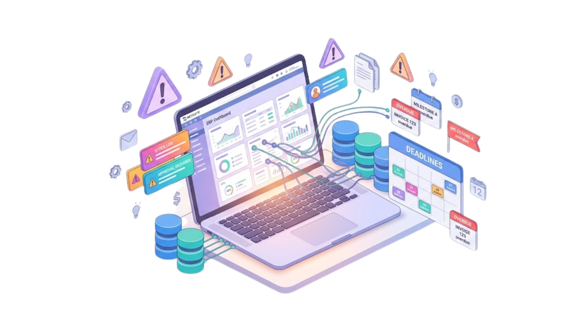 A Scenario Most NetSuite Developers Will Recognize Laptop dashboard with floating analytics charts, warning icons, and data stacks on a white background