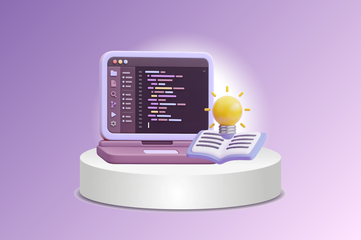 3D illustration of a glowing laptop and open book on a pedestal against a purple background