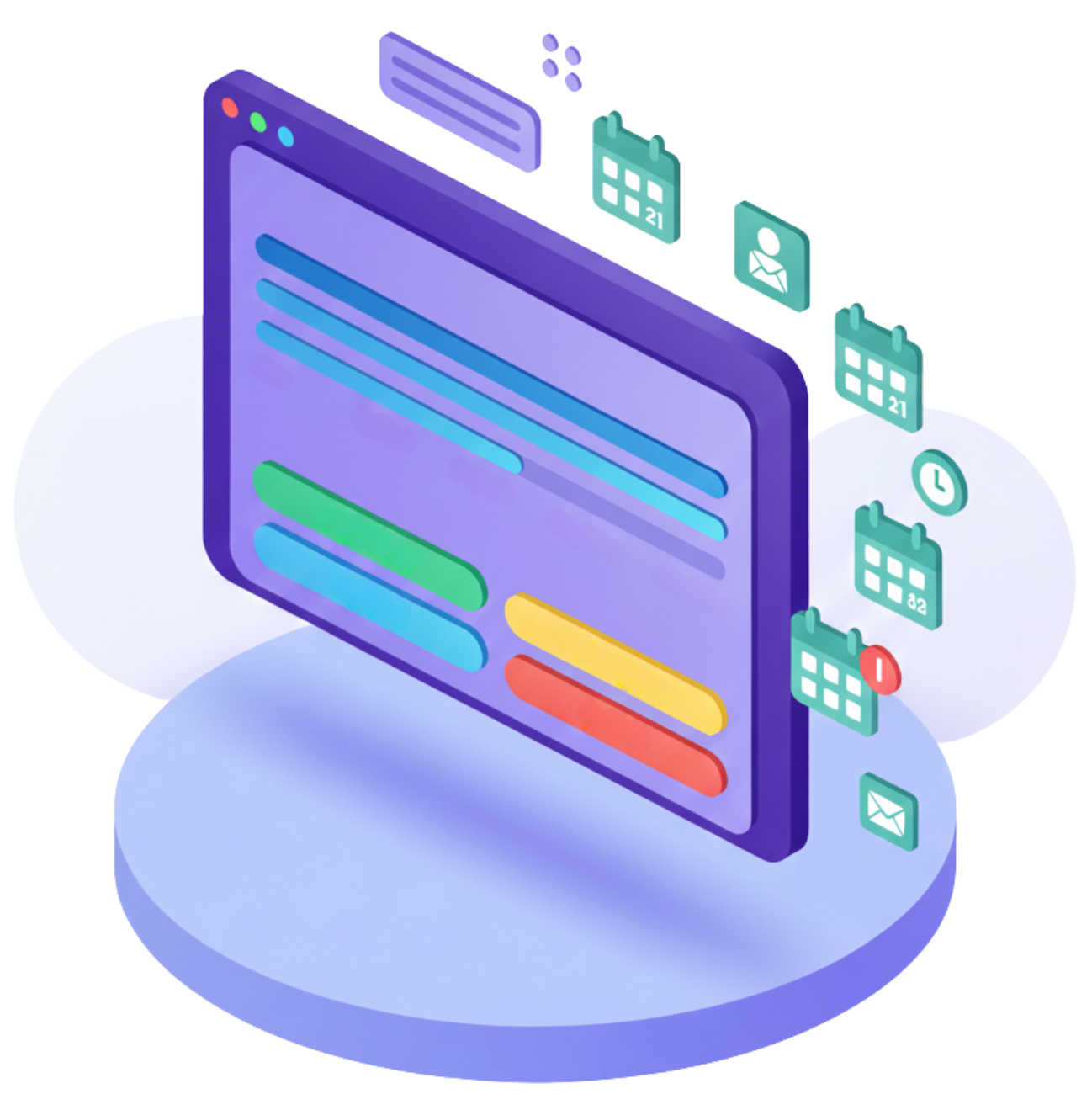Isometric view of a digital calendar application interface with floating icons, on a purple platform.