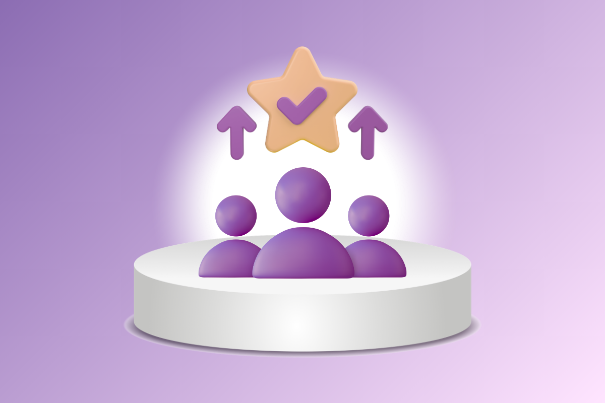 Purple people icons on a white platform with an upward arrow and a checkmark above them