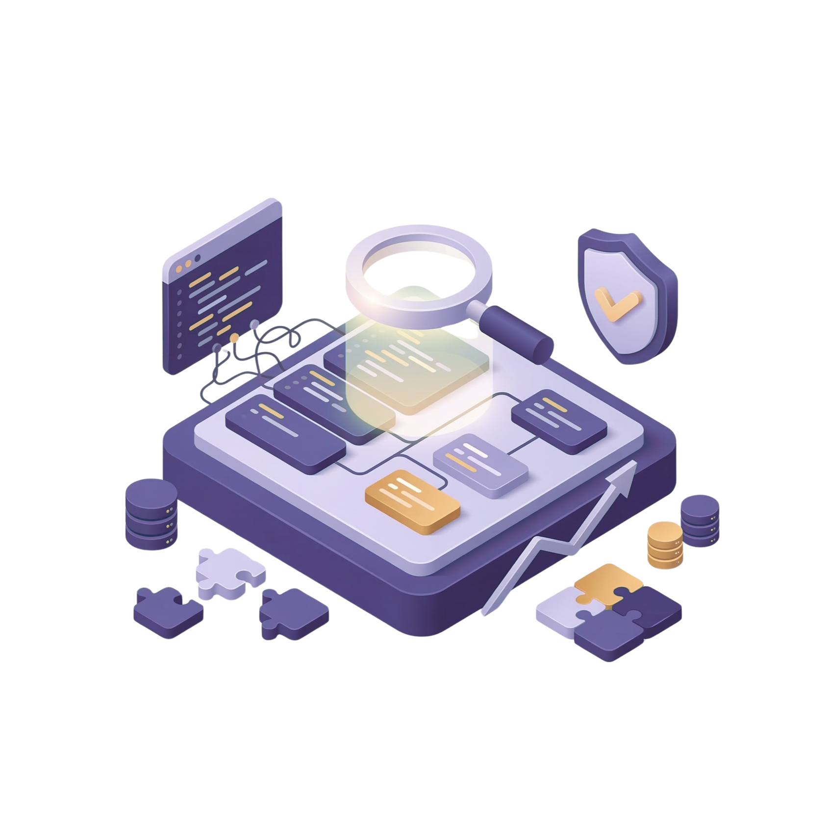 An isometric 3D illustration shows a magnifying glass examining data blocks, code, and a shield, symbolizing digital security.