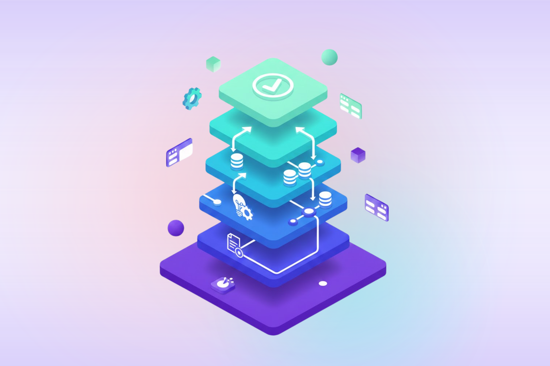 Isometric stack of colored blocks with icons, representing a process.