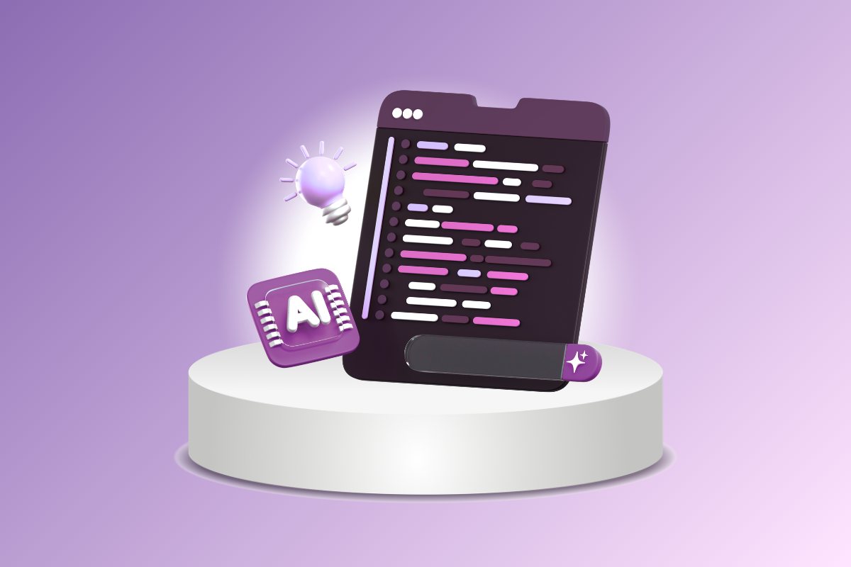 Purple AI code editor illustration on a white pedestal with glowing tech icons