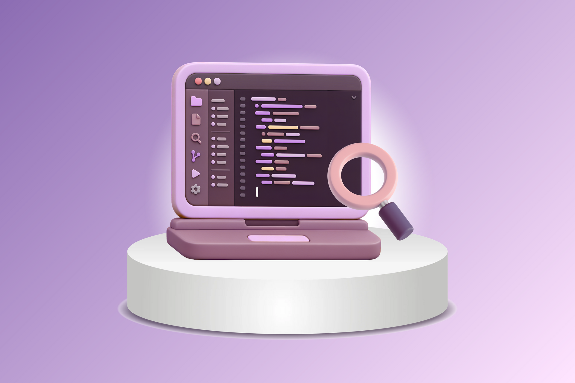 Illustration of a laptop on a pedestal with a magnifying glass, showing code on a purple background