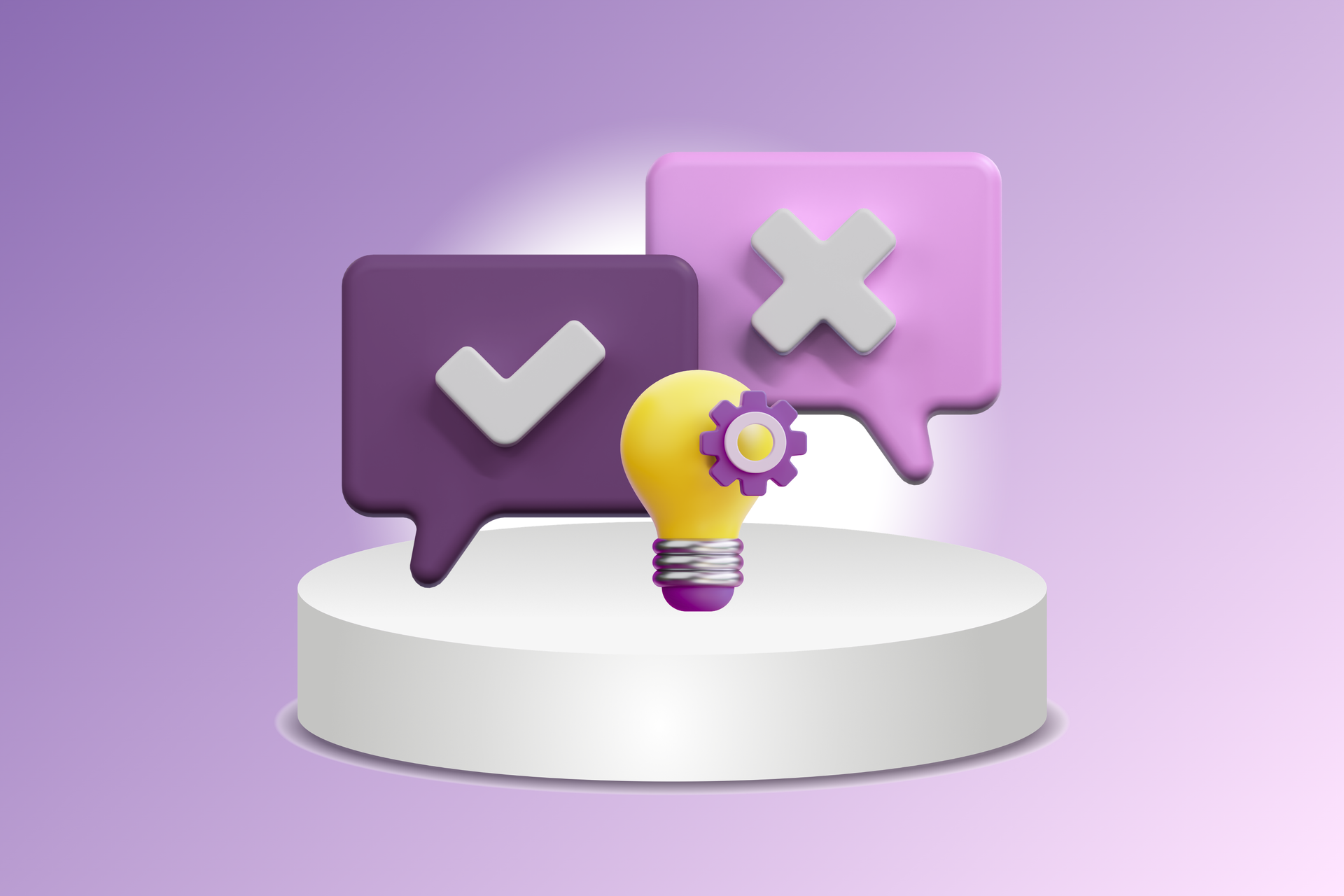 Two chat bubbles with check and X icons above a lightbulb on a white pedestal, on a purple background