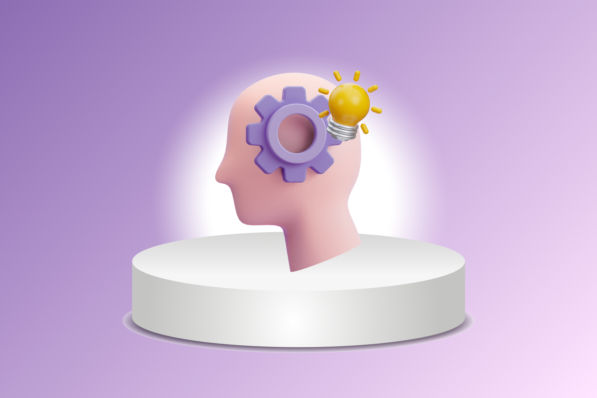 Purple chat bubbles with check and X icons above a lightbulb on a white platform
