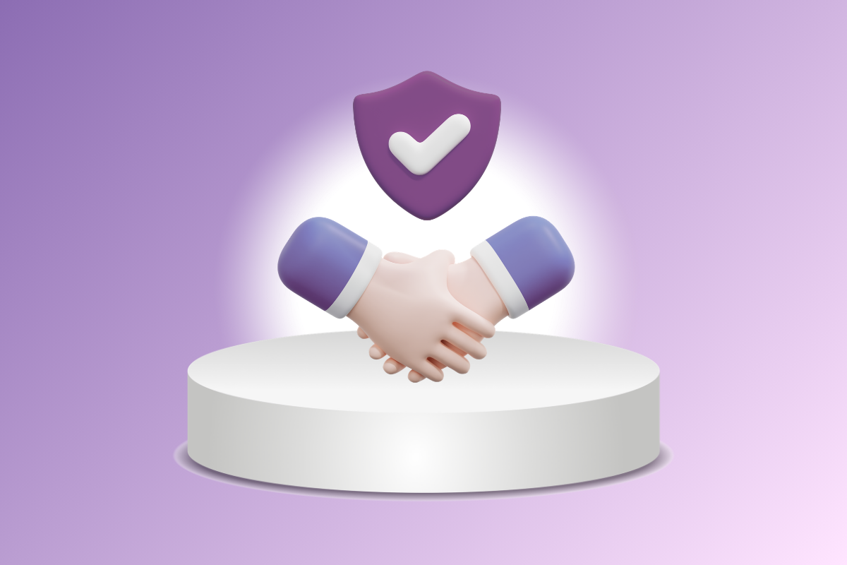 Handshake icon over white podium with purple shield and checkmark on a lavender background