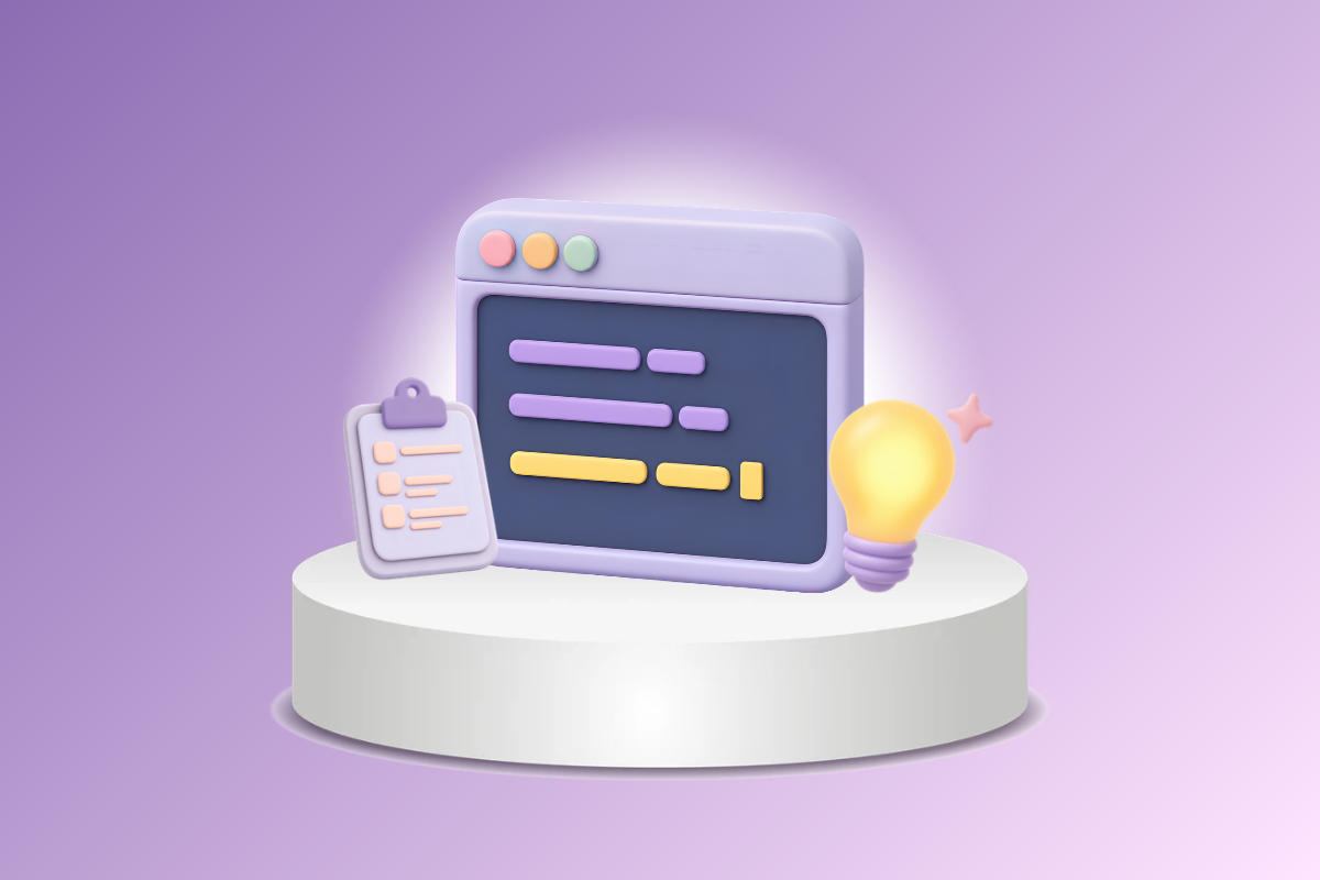 3D illustration of a laptop on a pedestal with a phone and glowing light bulb on a purple background