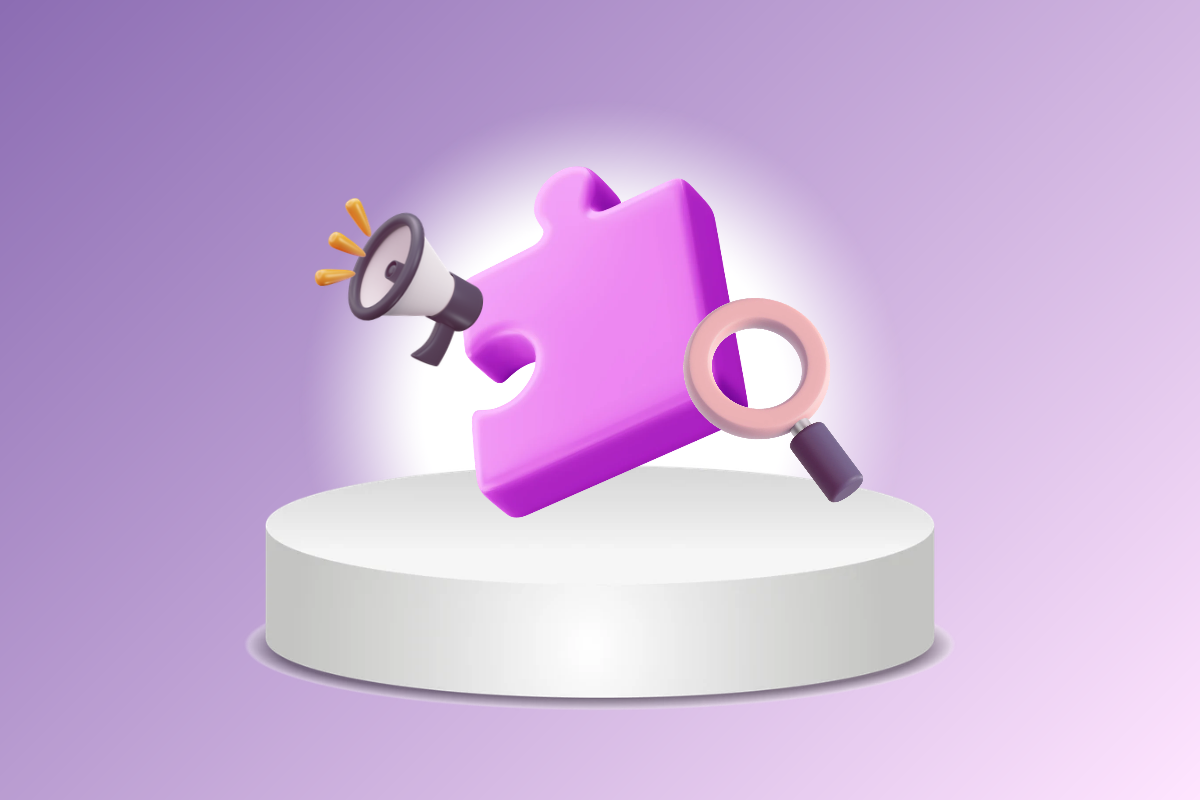 Purple puzzle piece on a white pedestal with magnifying glass icons on a lavender background