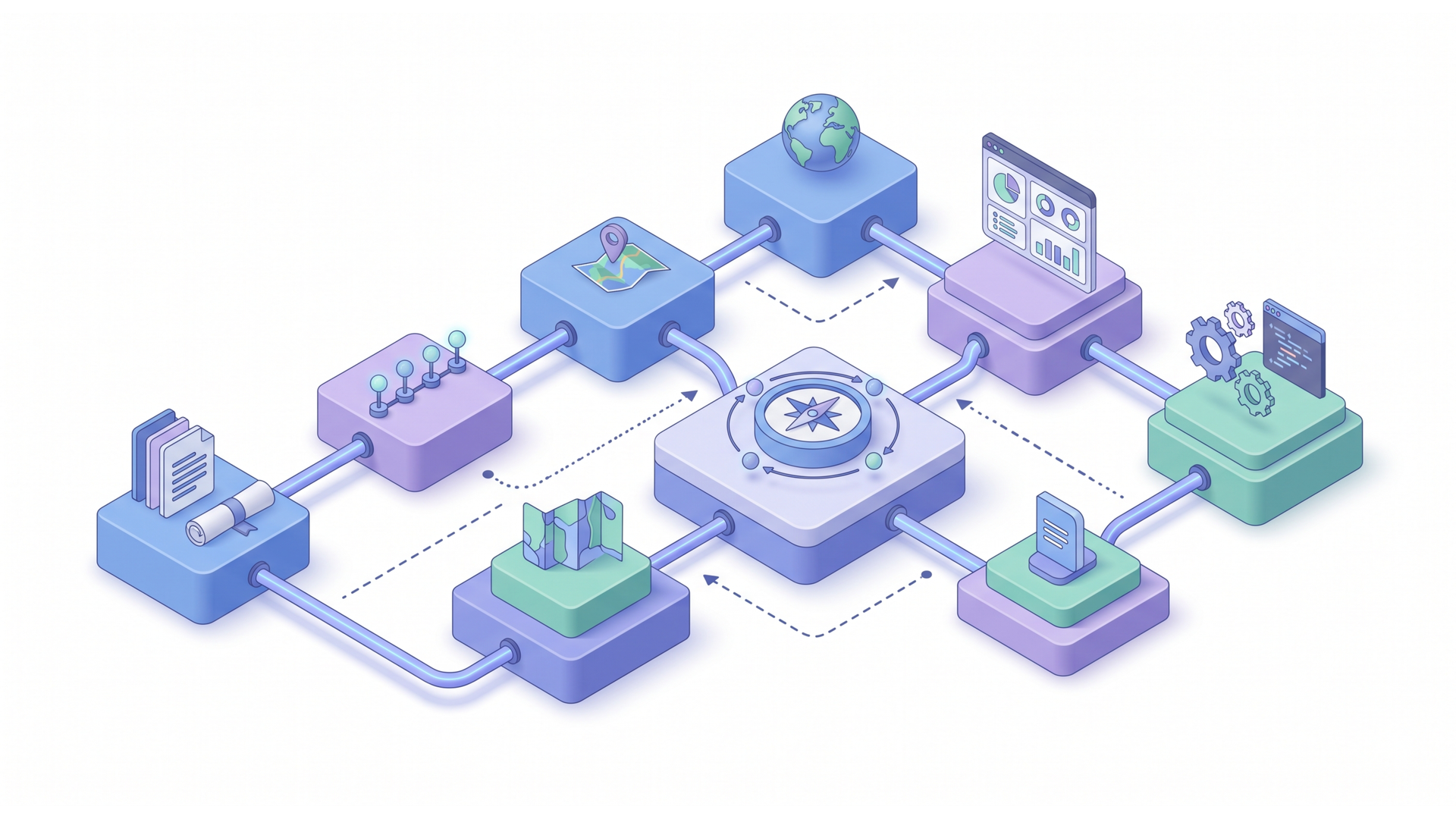 An isometric illustration showing a divided platform with pipes and data icons, representing integrated tech systems.