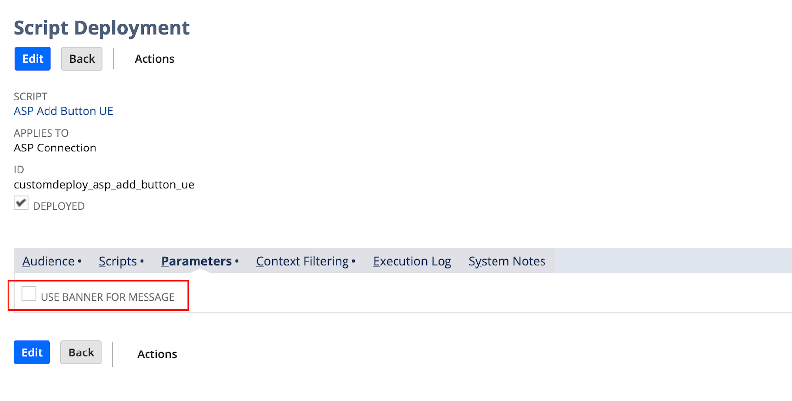 Script deployment interface with edit, back, and action buttons. 
