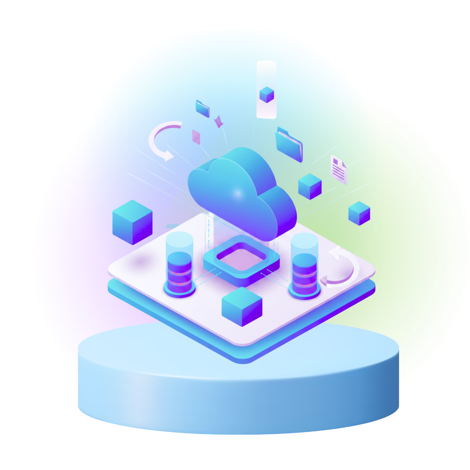 Cloud computing illustration with a cloud, data, and servers, on a light blue pedestal.