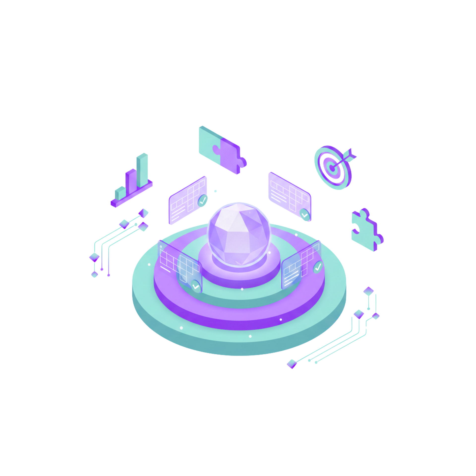 Isometric illustration of a data processing center in purple and teal with data analysis elements.